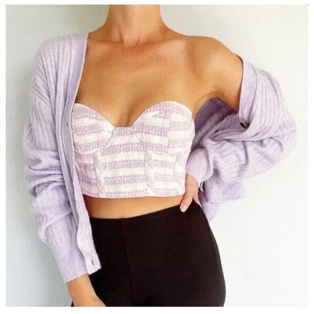 NWT ZARA Strapless Tweed Underwire Bustier Corset Top Lavender White Pink XS